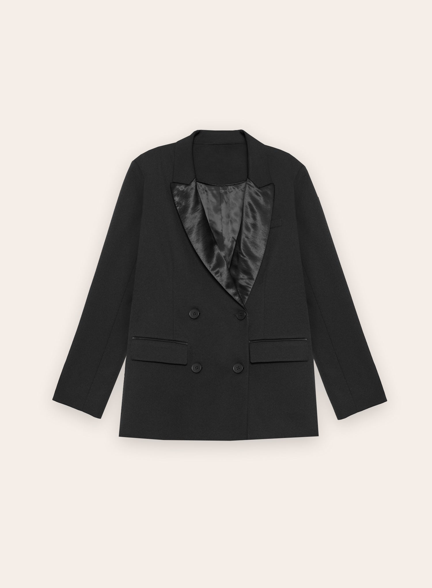 Black Satin Lapel Double Breasted Tuxedo Blazer